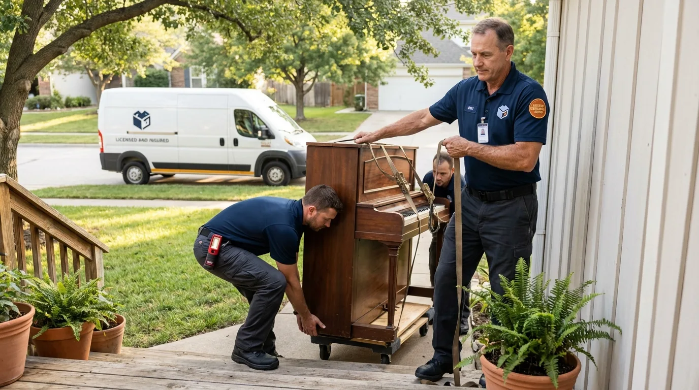 Licensed piano movers securing grand piano in Depew, NY