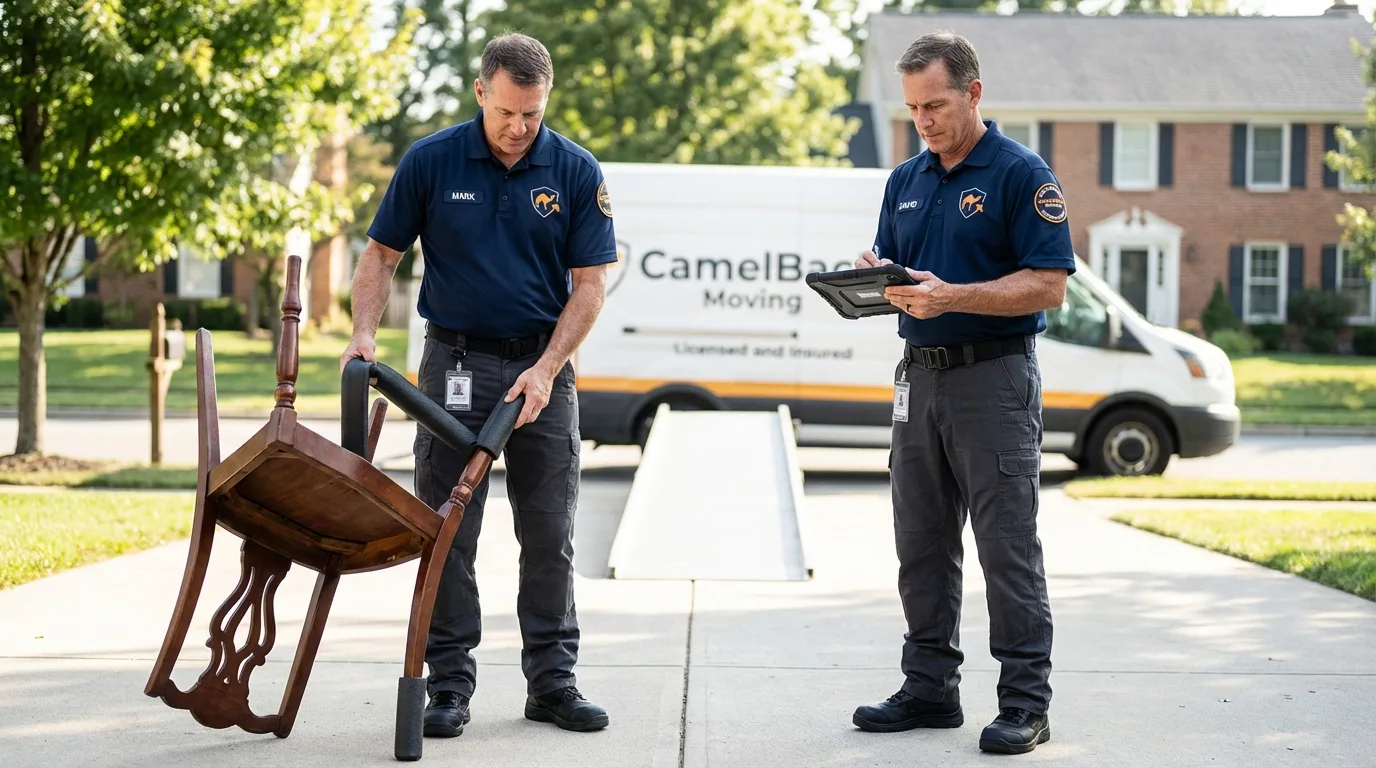 Movers inspecting furniture for damage prevention before loading in Depew, NY