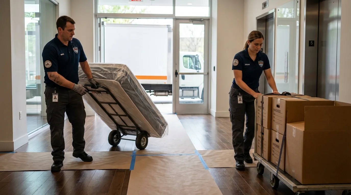Professional apartment movers loading elevator in Depew, NY
