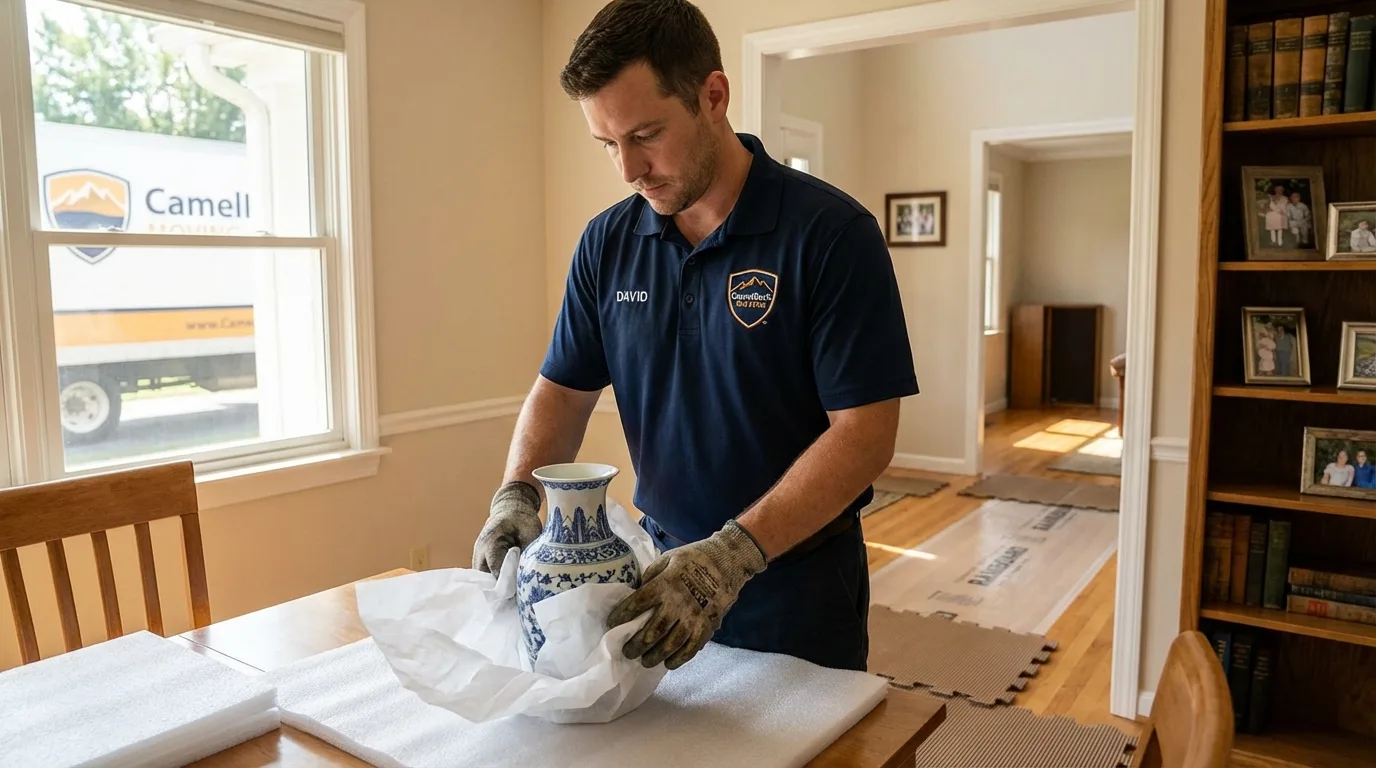 Professional crew carefully wrapping antique vase for senior downsizing move in Depew, NY